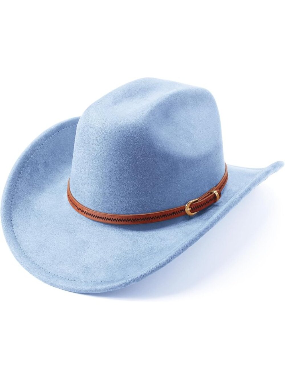 Unisex Sea Blue Felt Wide Brim Fedora Belt Buckle Retro Western Cowboy Hat